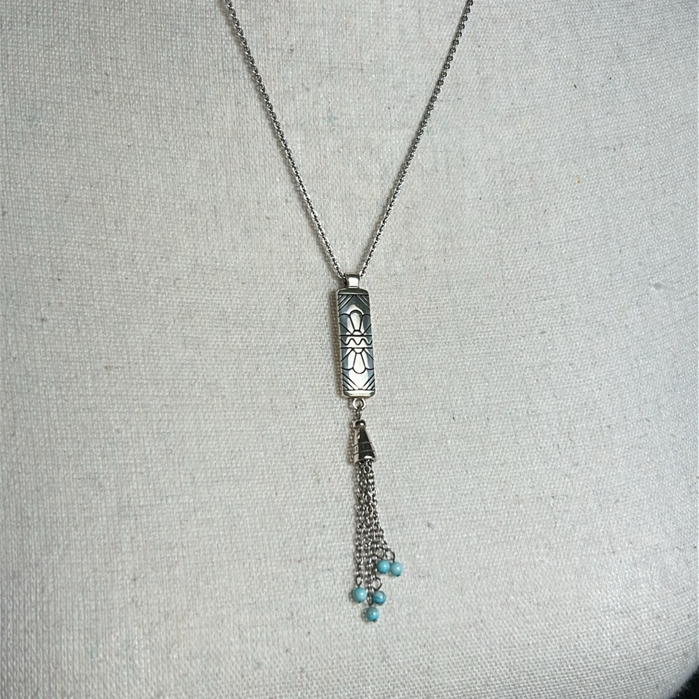 Brighton Marrakesh Mesa Necklace Tassel Turquoise Hue Silver Plated Etched Bar - Picture 15 of 15